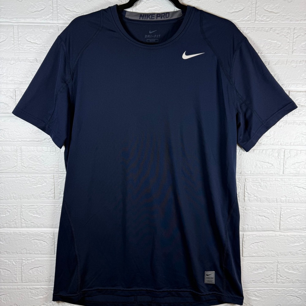 Nike Pro Dri-FIT Shirt Mens Large Navy Blue Short Sleeve Fitted Training Tee